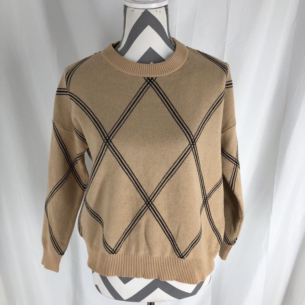 Tahari Knit Tan Diamond Pullover Sweater M Long Sleeve Crew Neck